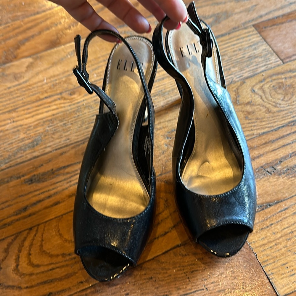 High heel shoes- open toe, black leather